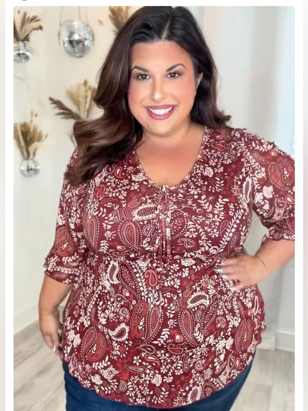 Plus Size Rust Paisley Tie-Neck Blouse